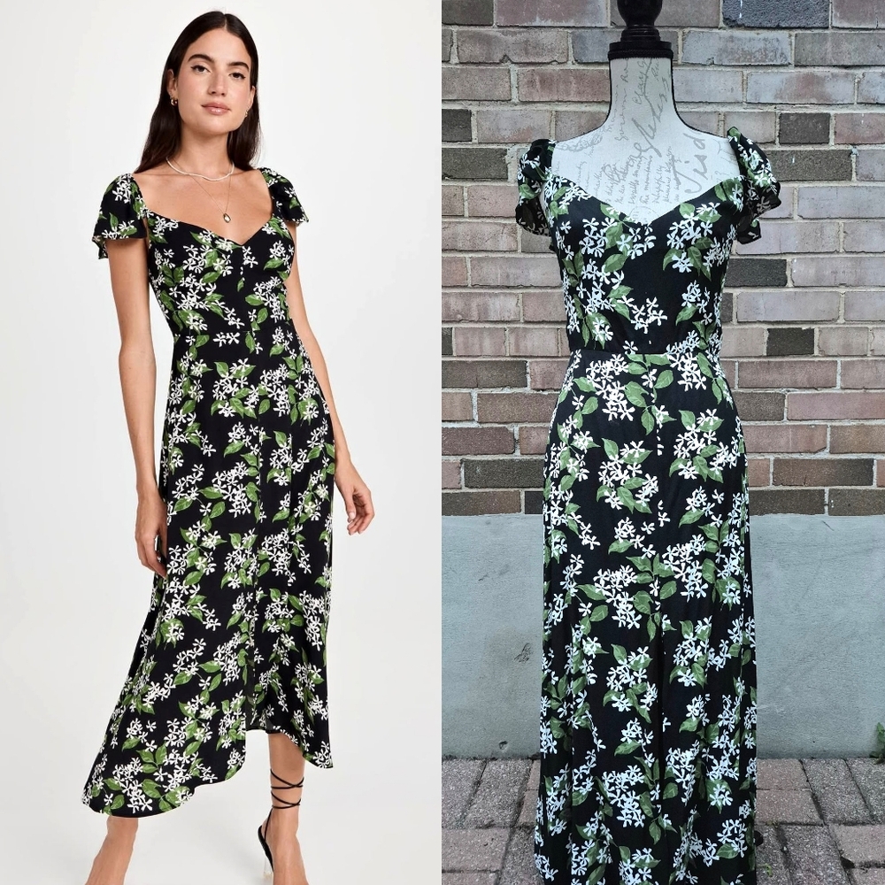 Reformation Baxley Green Black Floral Vine Print Midi Dress 6